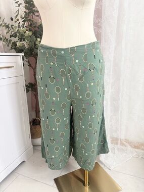 Royal monk Green Tennis Racket Print Wide-Leg Shorts Bin#1